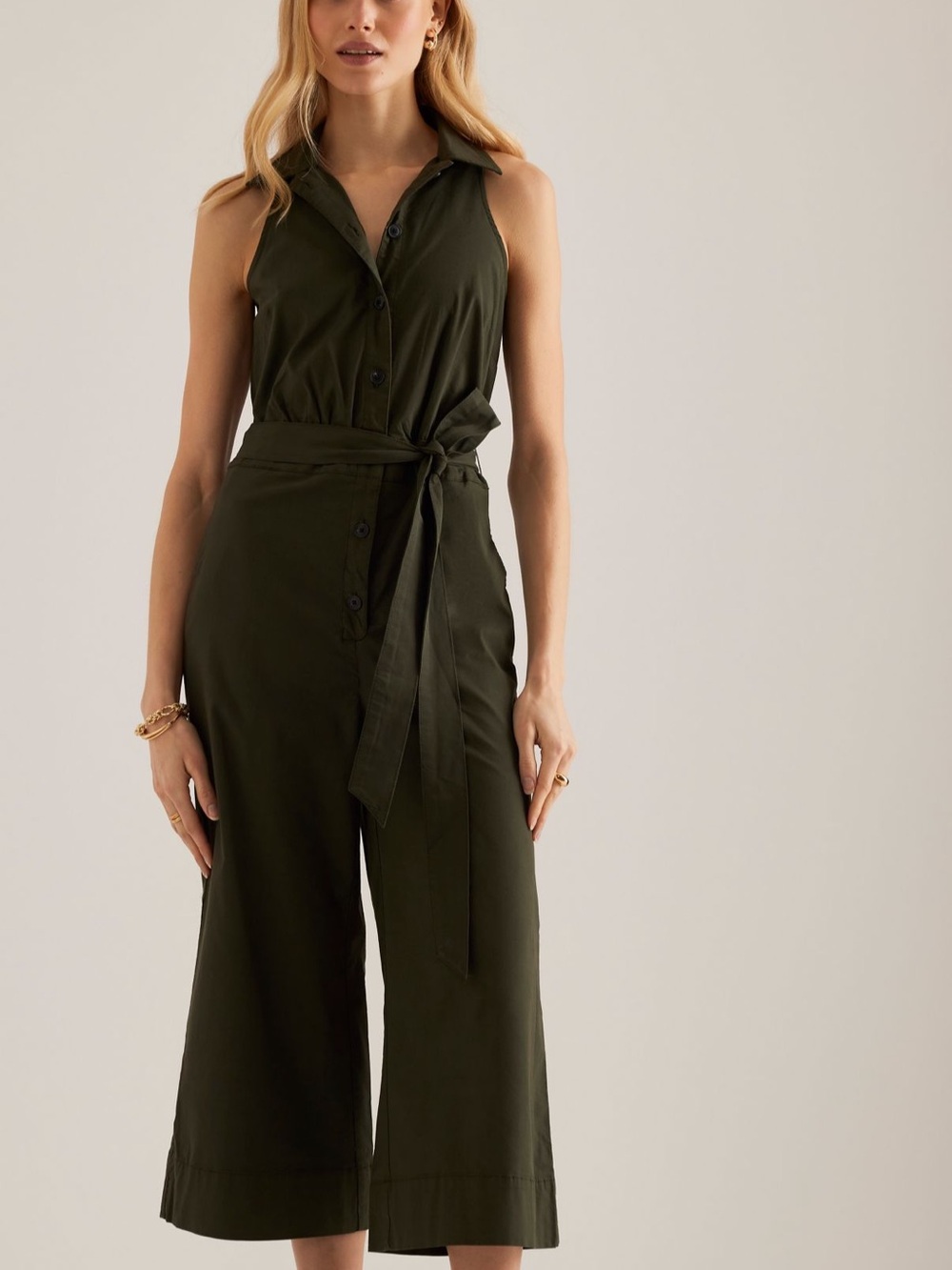 Maeve Olive Green Sleeveless Button-Front Jumpsuit with Waist Tie - Picture 2 of 4
